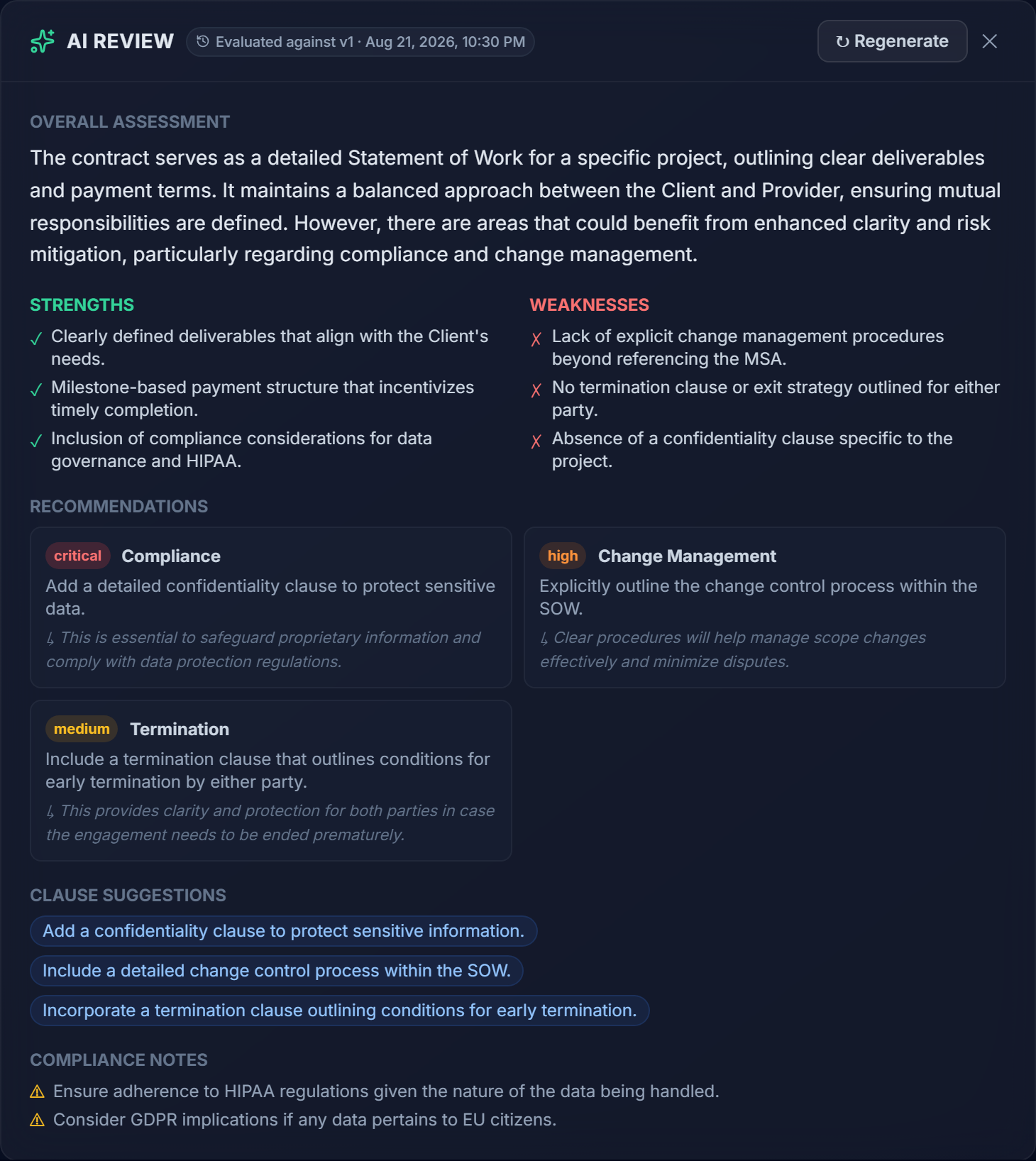 Contranix AI review panel showing a contract's overall assessment, strengths, weaknesses, and prioritised recommendations
